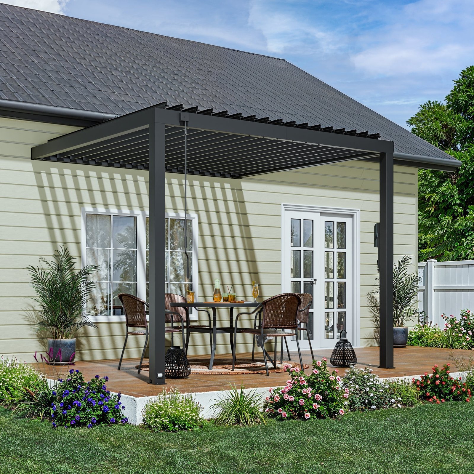 10x10_Evanston__Pergola_Hero_V2.jpg 10x10 Evanston Wall Mounted Louvered Pergola - Image 1
