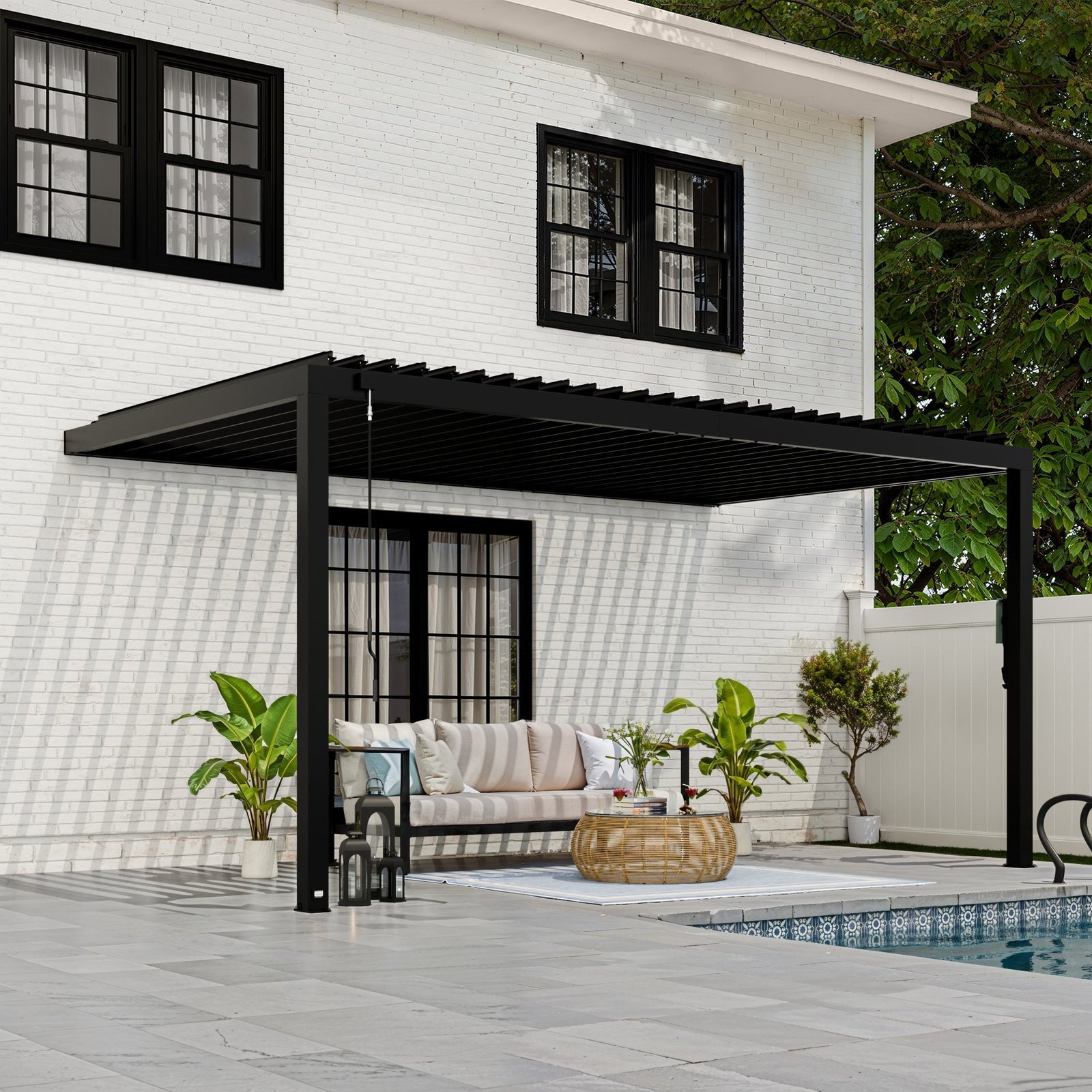 16x10_Evanston_Pergola_Hero_V2.jpg 16x10 Evanston Wall Mounted Louvered Pergola - Image 1