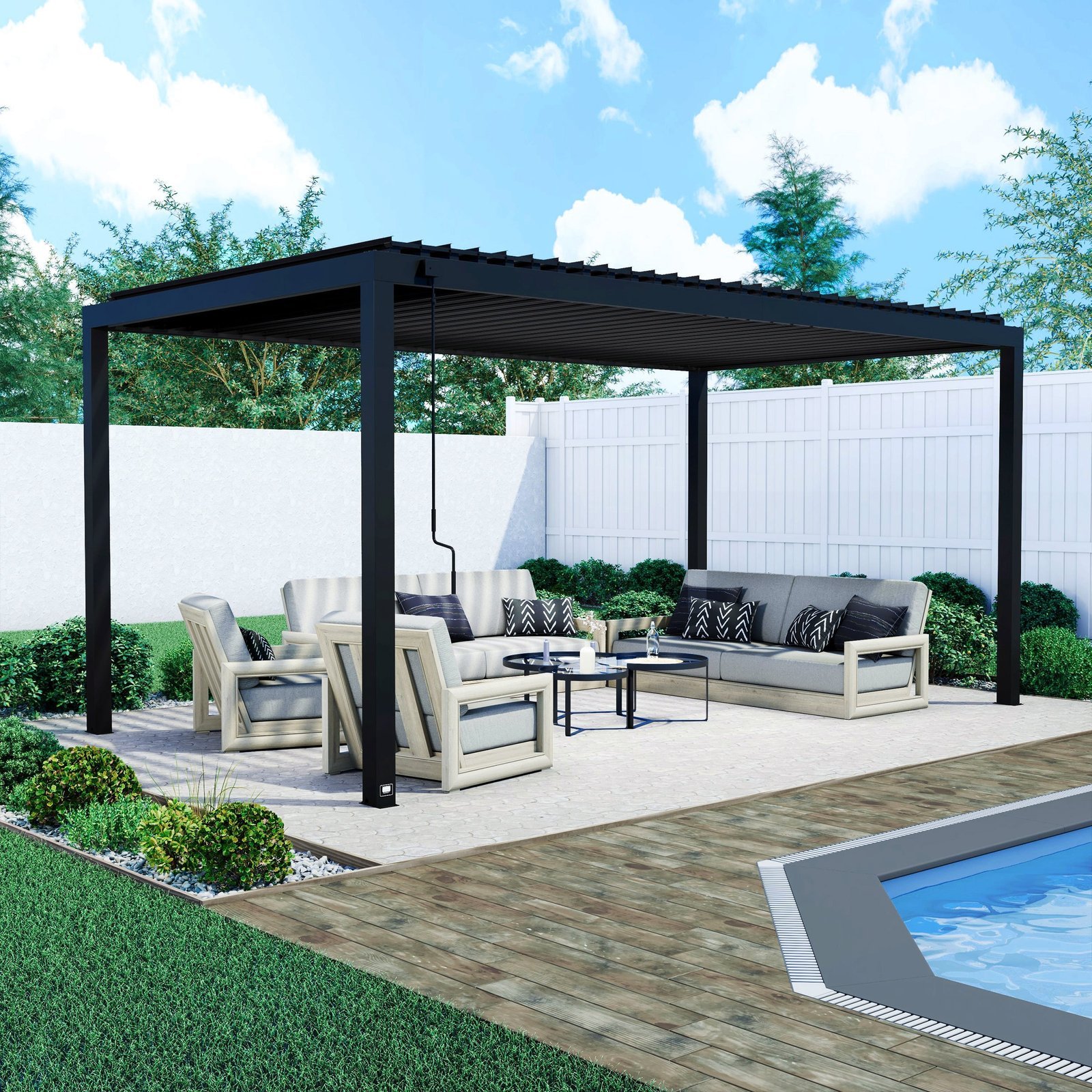 2407145B-18x10-Sarasota-Hero.jpg 18x10 Sarasota Steel Louvered Pergola - Image 1