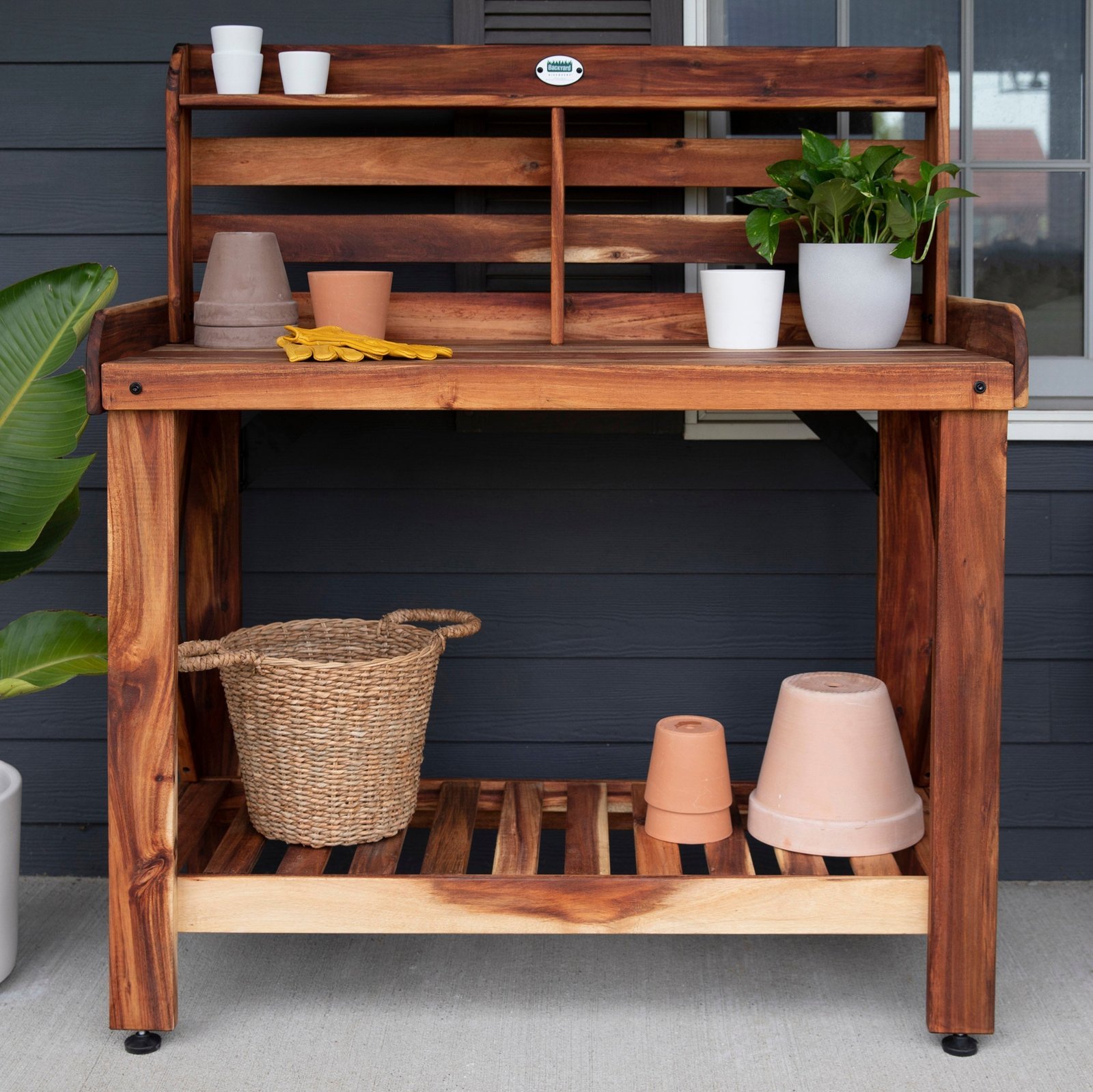 P1-Potting-Table-OutdoorFront-1.jpg Potting Table/Bench/Serving Bar - Acacia Wood - Image 1