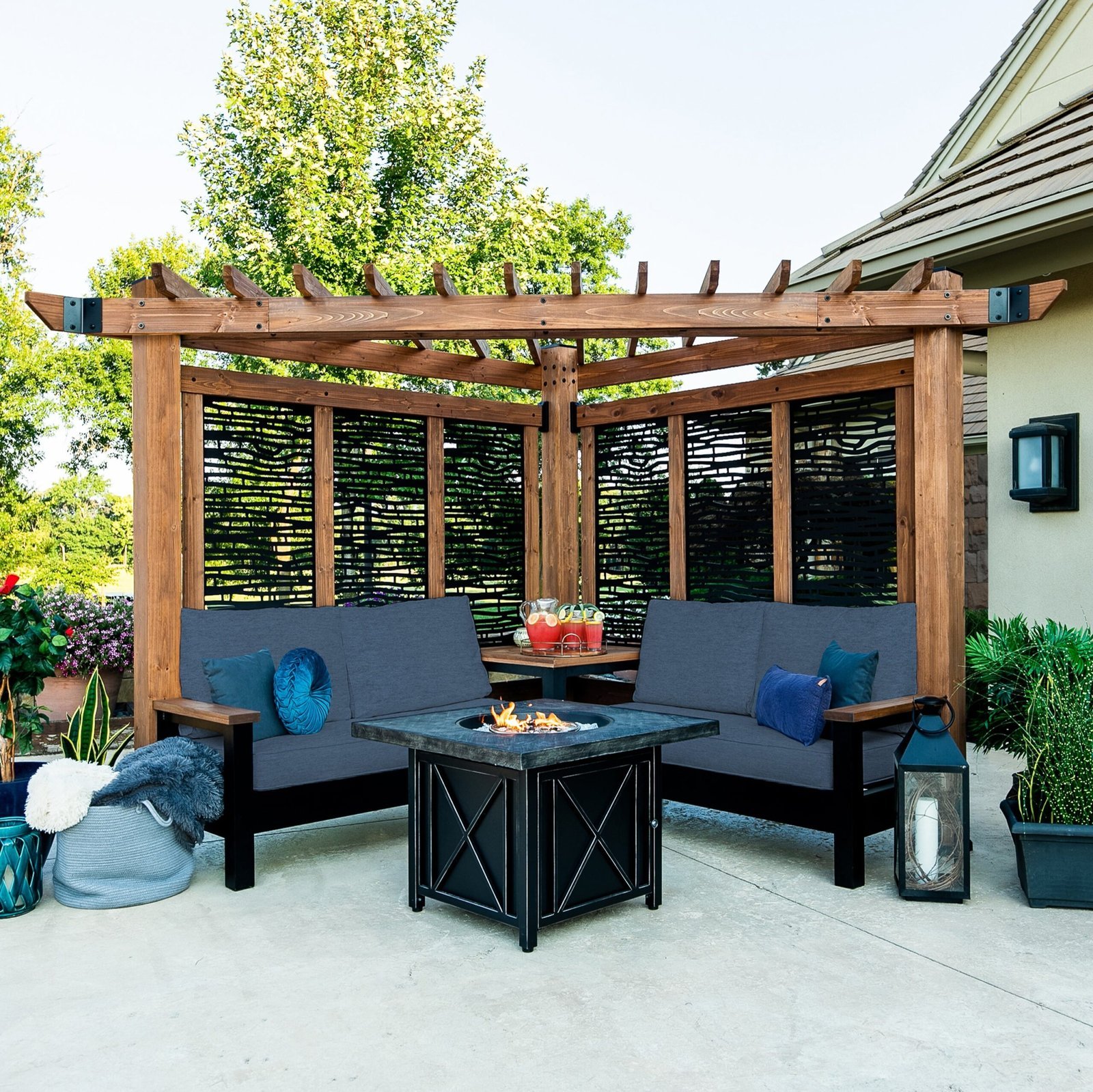 TuscanyBambooIndigo2.jpg Tuscany Corner Pergola with Conversation Seating - Bamboo Panels - Image 1